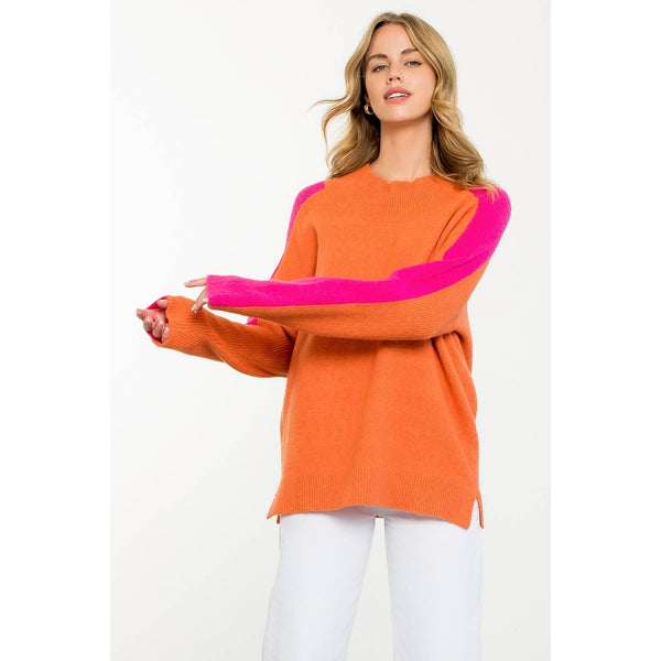 Orange/Hot Pink Colorblock Sleeve Sweater