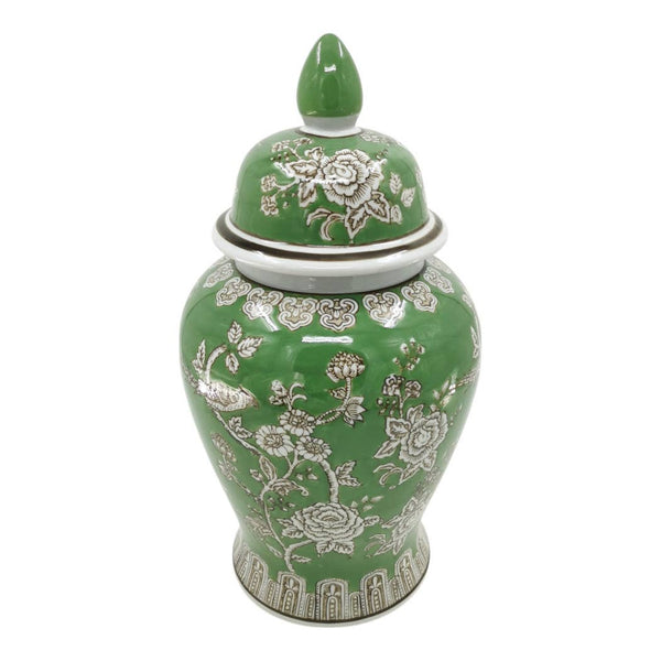 Green 18x9 in. Ceramic Novelty Bird and Flower Temple Jar
