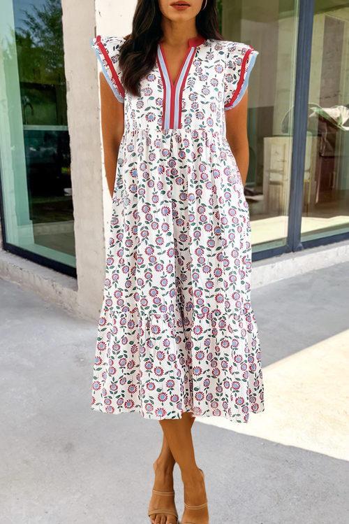 Floral Striped Patchwork Trim Maxi Dress