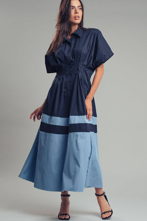 Colorblock Button-Up Cotton Midi Dress