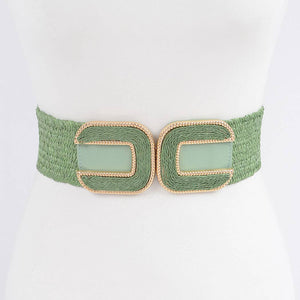 Faux Straw Two Buckles Elastic Belt