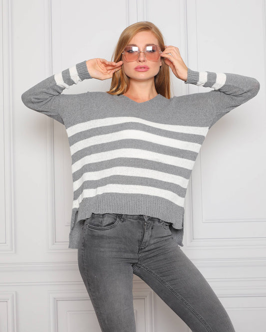 Striped Fall Sweater- Ash Gray