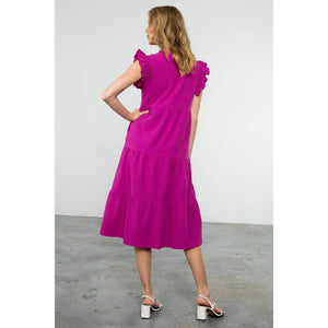 Ruffle Sleeve Tiered Dress- Fuschia
