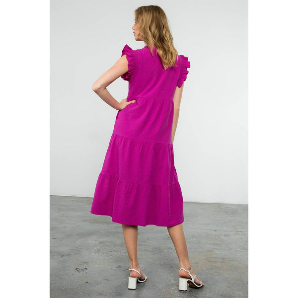 Ruffle Sleeve Tiered Dress- Fuschia
