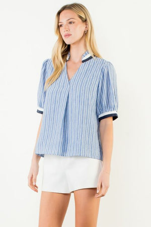 Short Sleeve Oxford Striped V-Neck Top