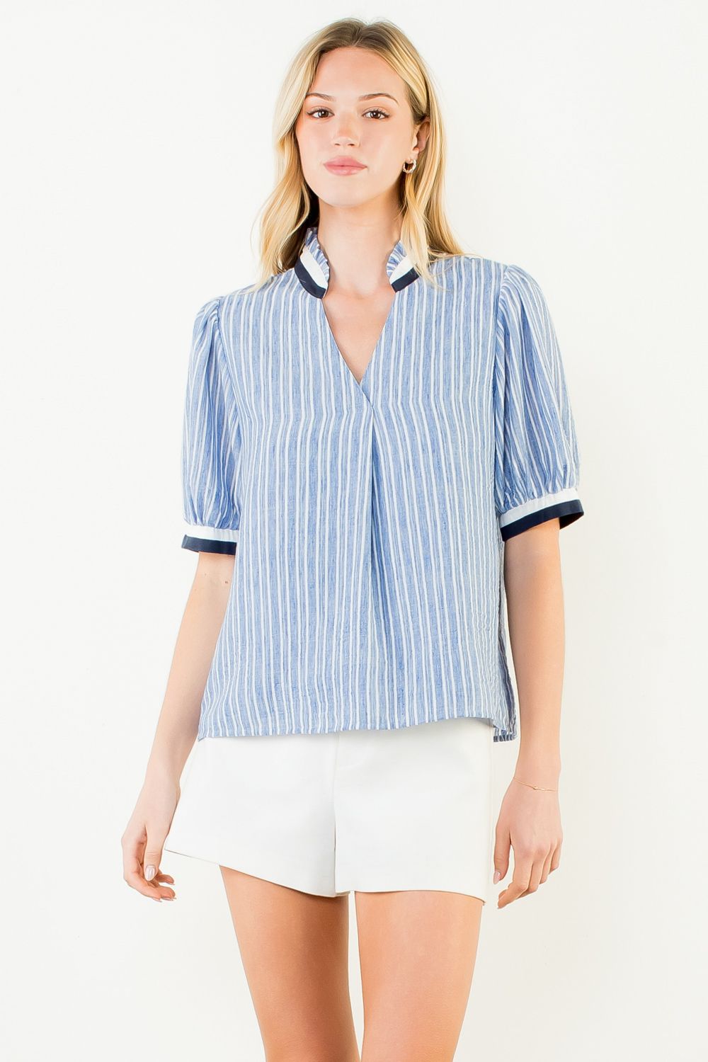 Short Sleeve Oxford Striped V-Neck Top