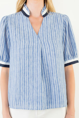 Short Sleeve Oxford Striped V-Neck Top