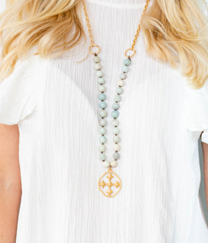 long stone beaded shield necklace