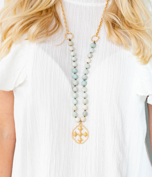 long stone beaded shield necklace