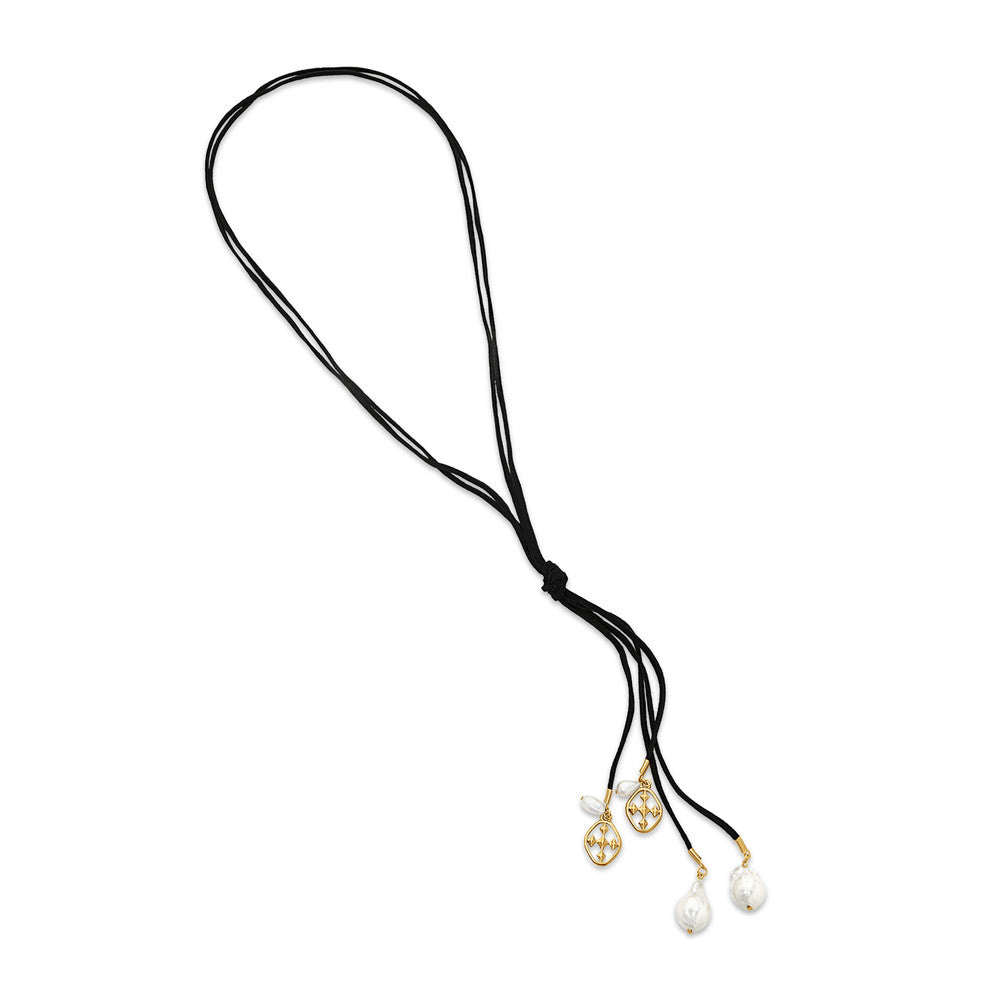long suede and pearl shield necklace