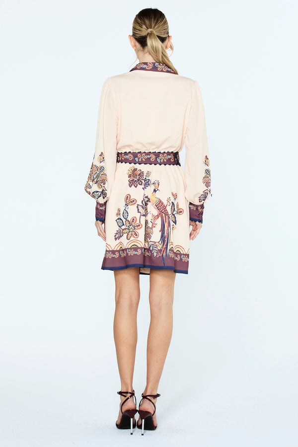 Khyrie Engineered Peacock Print Mini Dress