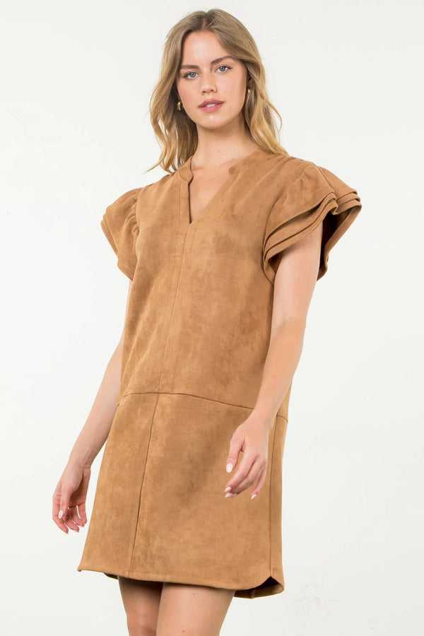 Flutter Sleeve Suede Midi Dress