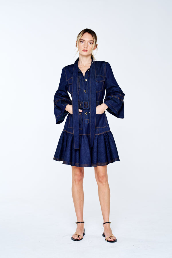 Roma Topstitched Denim Mini Dress
