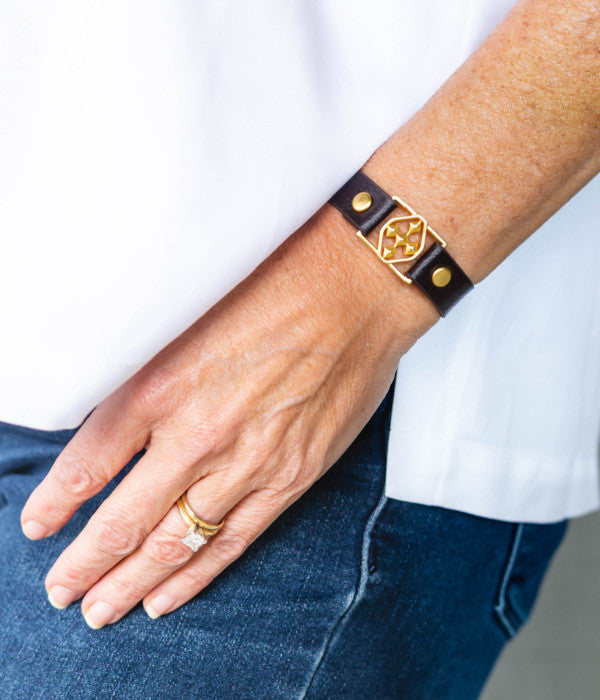 small leather shield cuff bracelet