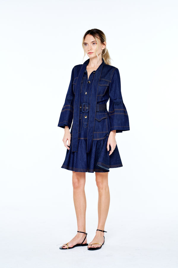 Roma Topstitched Denim Mini Dress