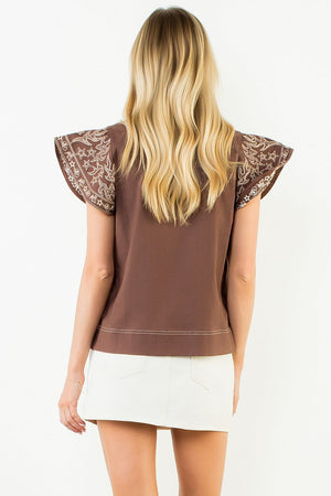 Brown V-Neck Embroidered Top