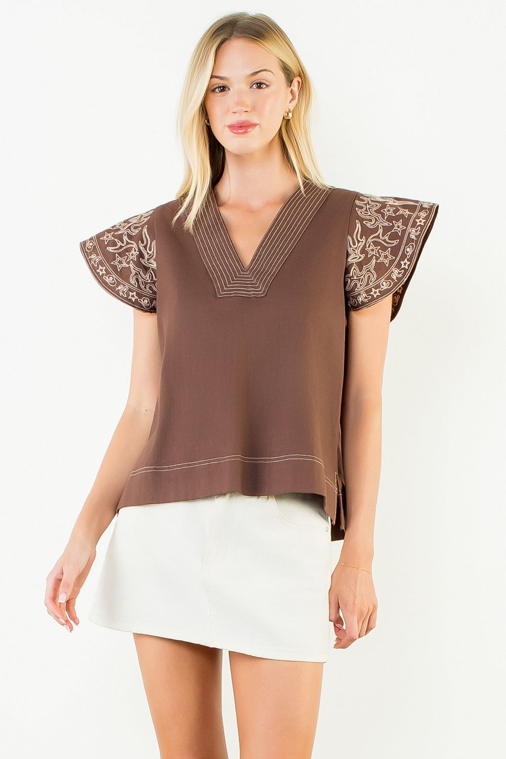Brown V-Neck Embroidered Top