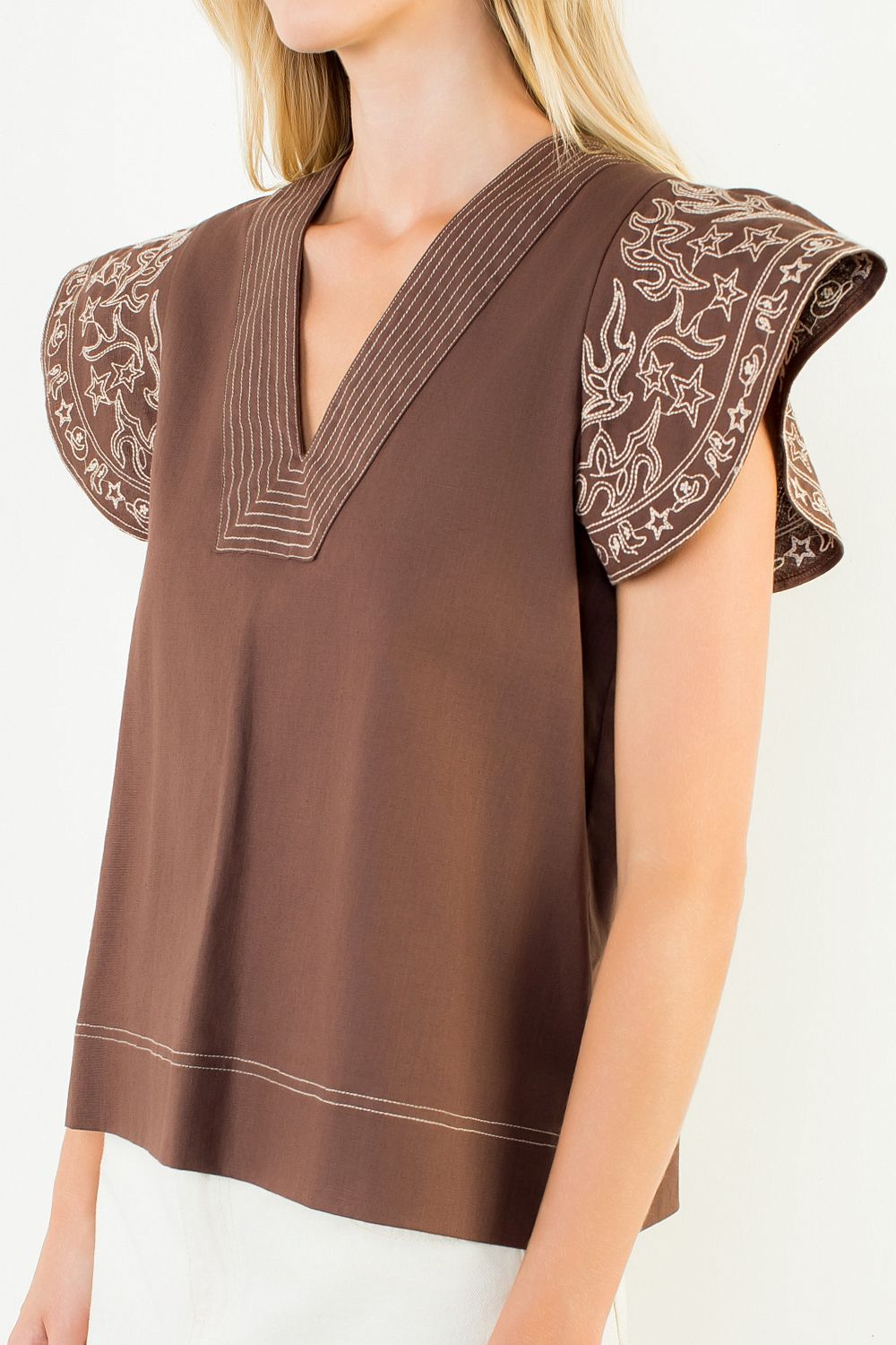 Brown V-Neck Embroidered Top