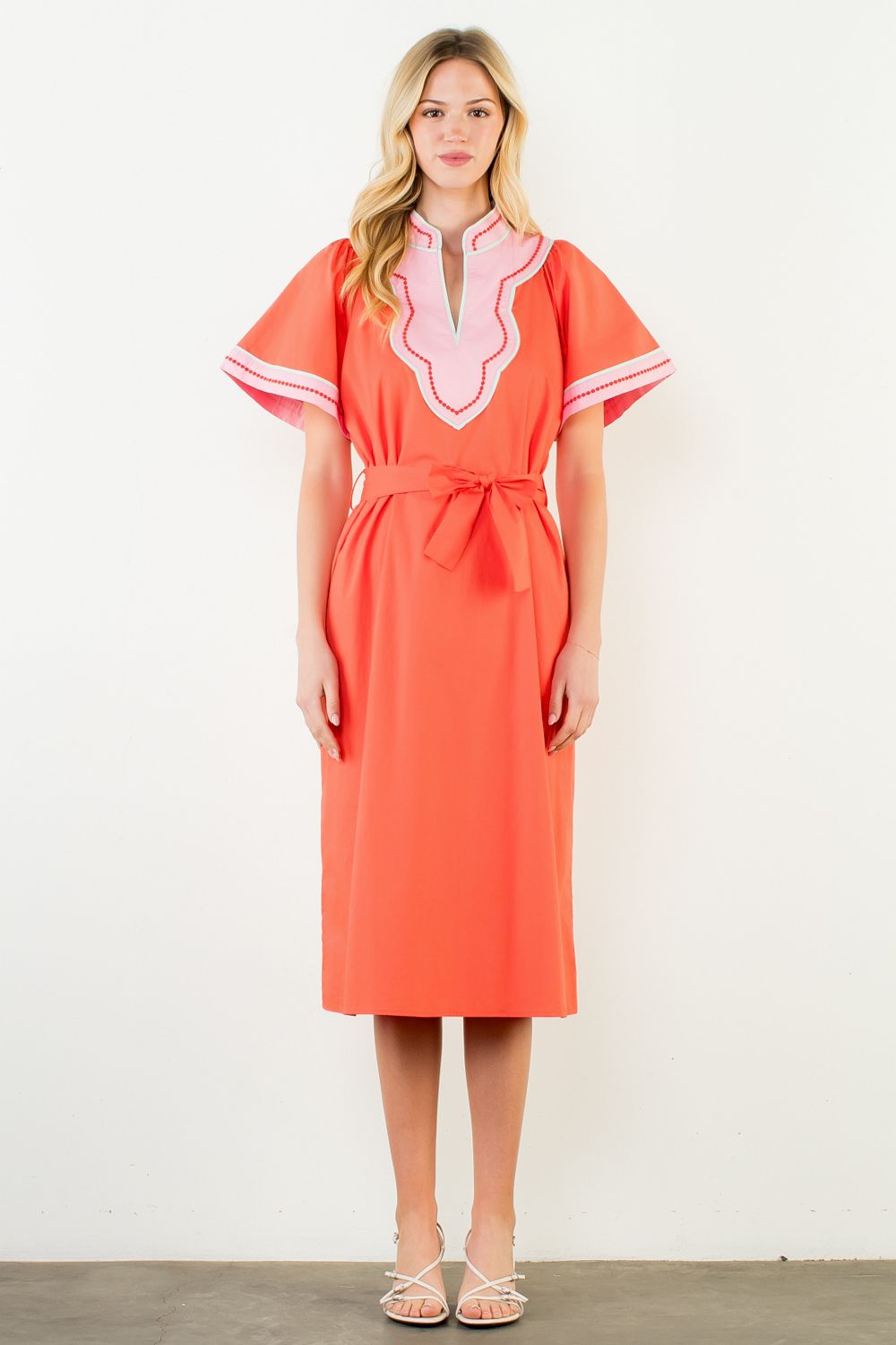 Short Sleeve V-Neck Dress- Mandarin
